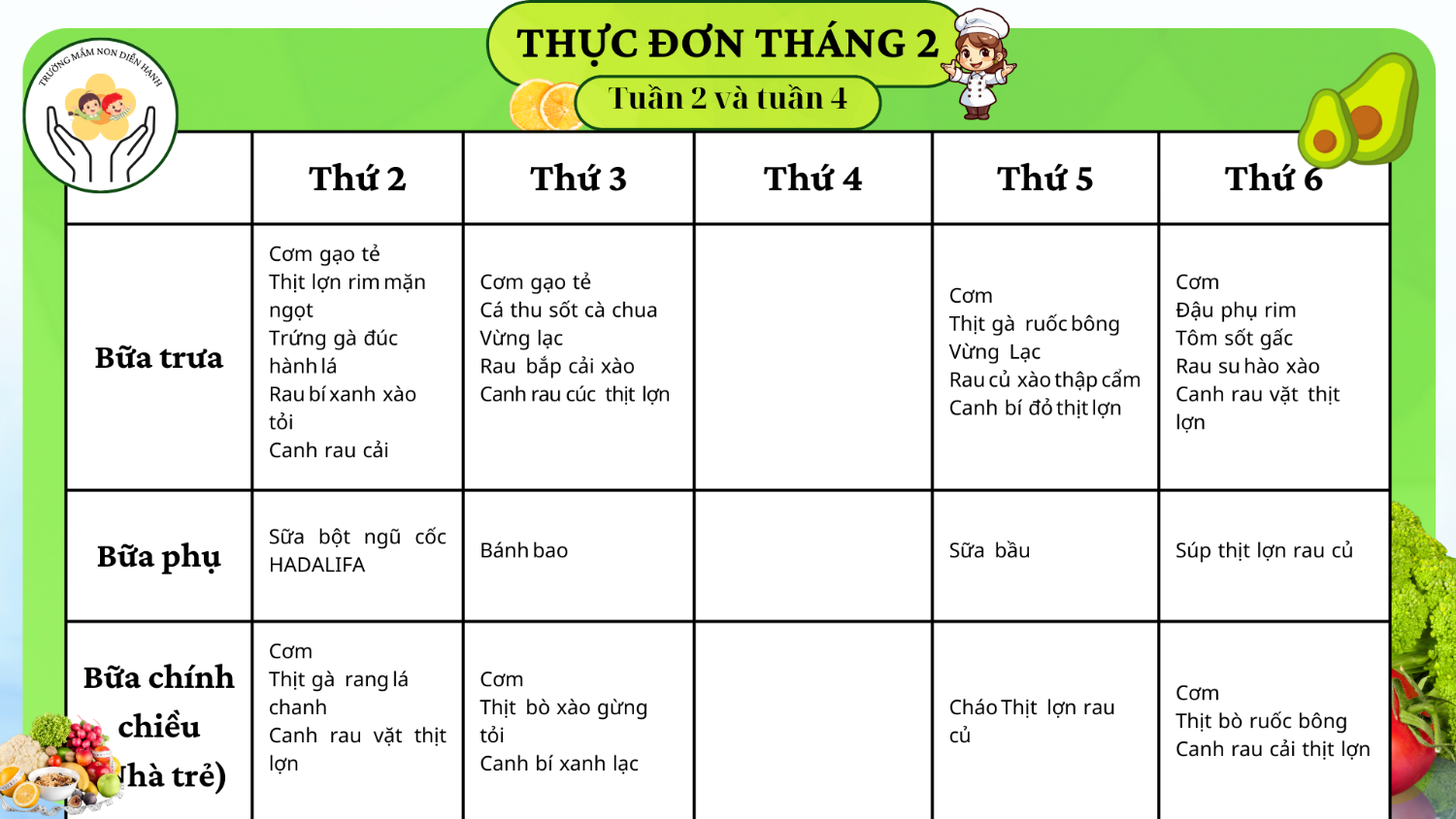 Thực đơn tháng 02 2025 (Tuần 2 + tuần 4)